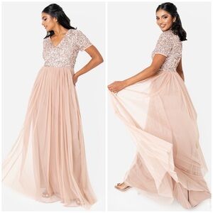 MAYA Taupe Blush V Neckline Embellished Maxi Dress
